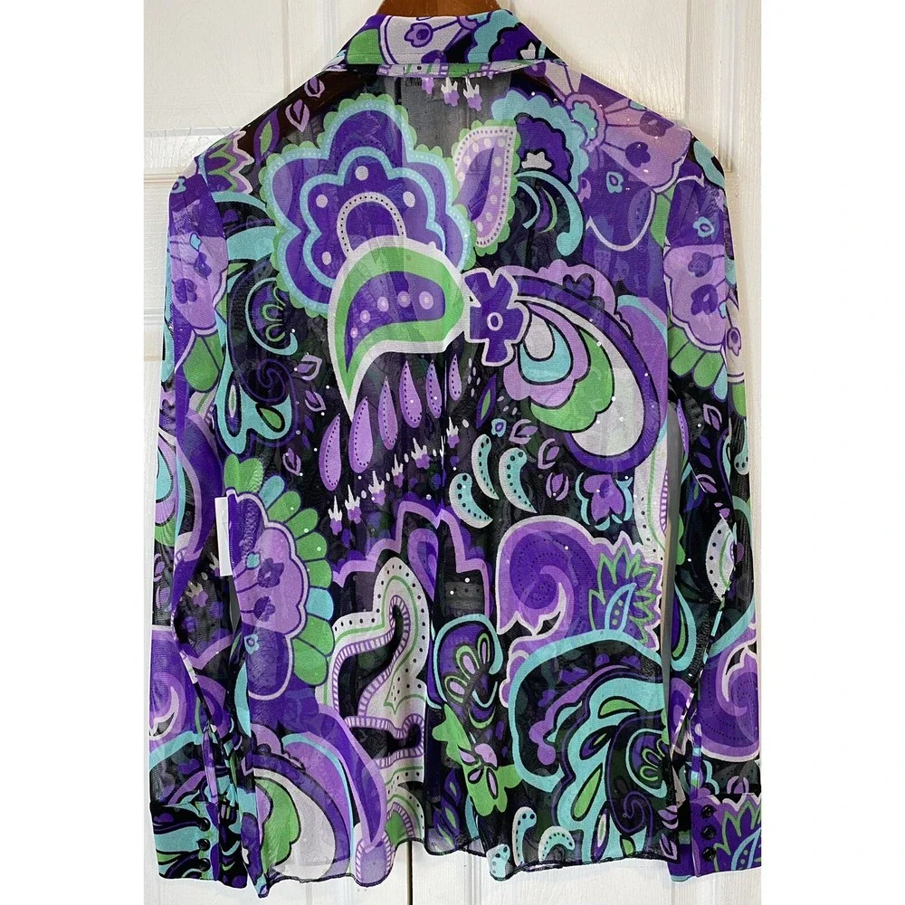 Erin London Small Sheer Abstract Print Top Purple Green Mod Retro Artsy